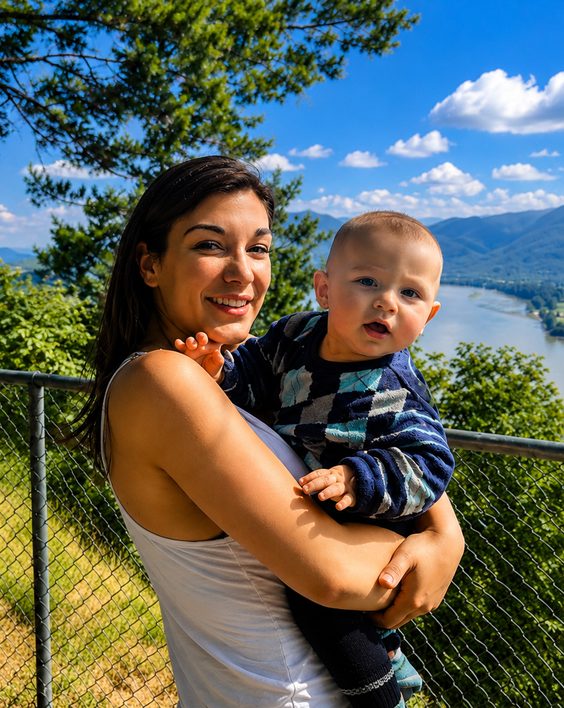 Kayla holding a little one by the water on a sunny day