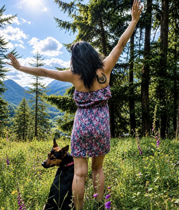 Kayla in a sunny field with her arms raised to the sky